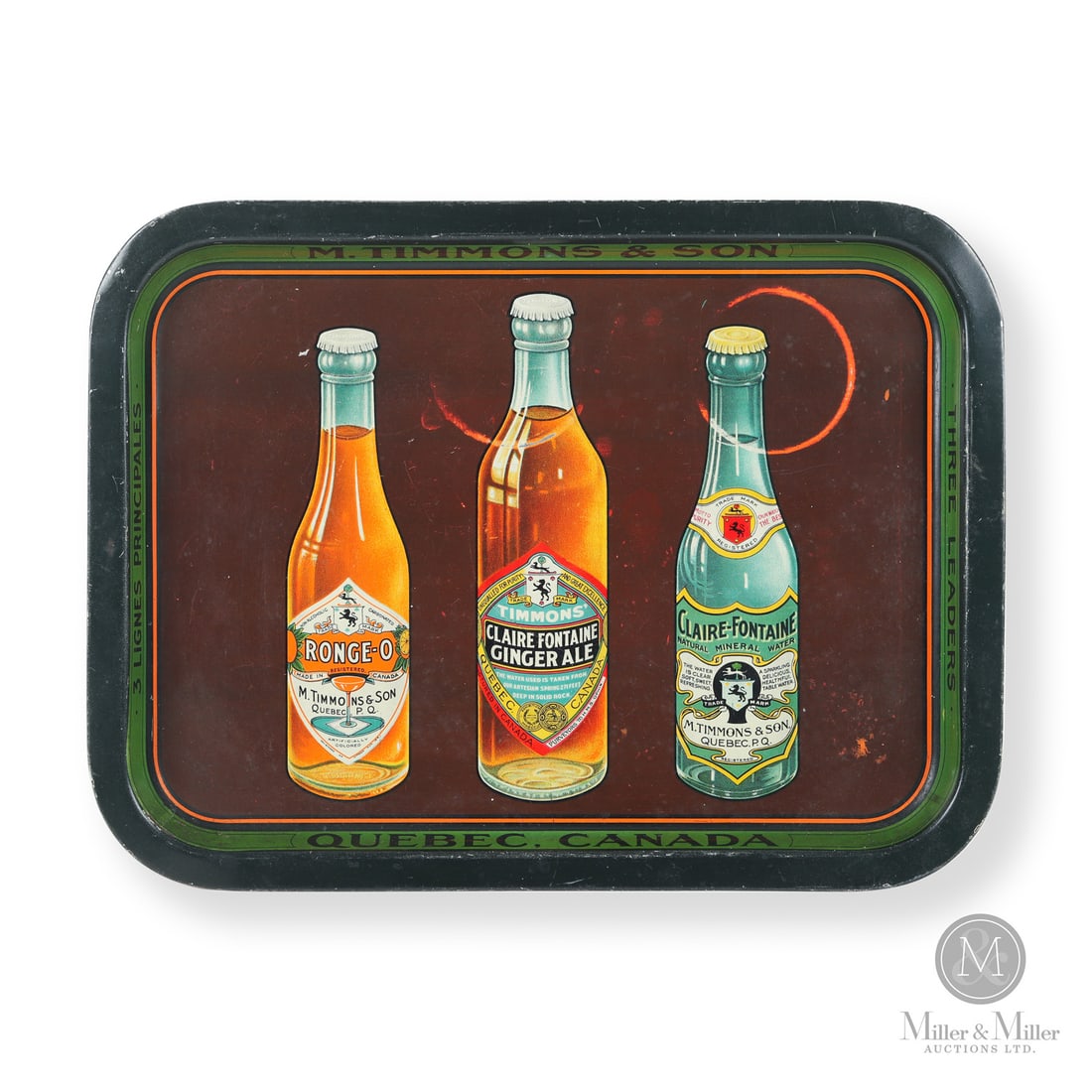 M. Timmons & Son, Quebec Soda Serving Tray: Canadian. 1920s. Lithographed tin. Features images of Timmon's Ronge-O orange soda, Claire Fontaine Ginger Ale, and Claire-Fontaine Mineral water bottles. Marked, "THE THOS DAVIDSON MFG. CO. LIMITED M