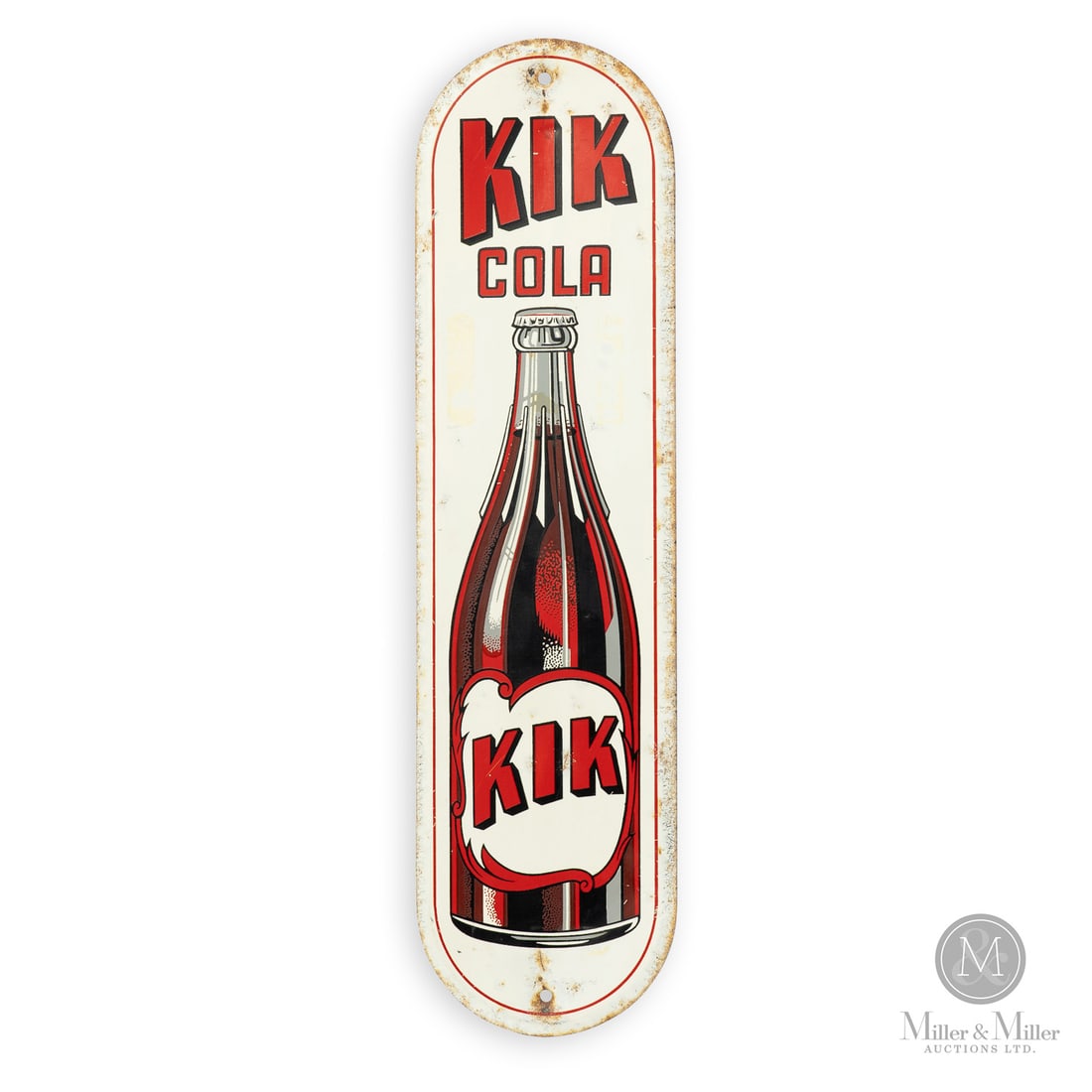 Kik Cola Door Push: Canadian. 1940s. Single-sided tin (SST). The sign features a "cloud" shape, also known as a "scalloped" design with "KIK" within. This design dates to the early to mid 1950s. It reflects a post-WWII t