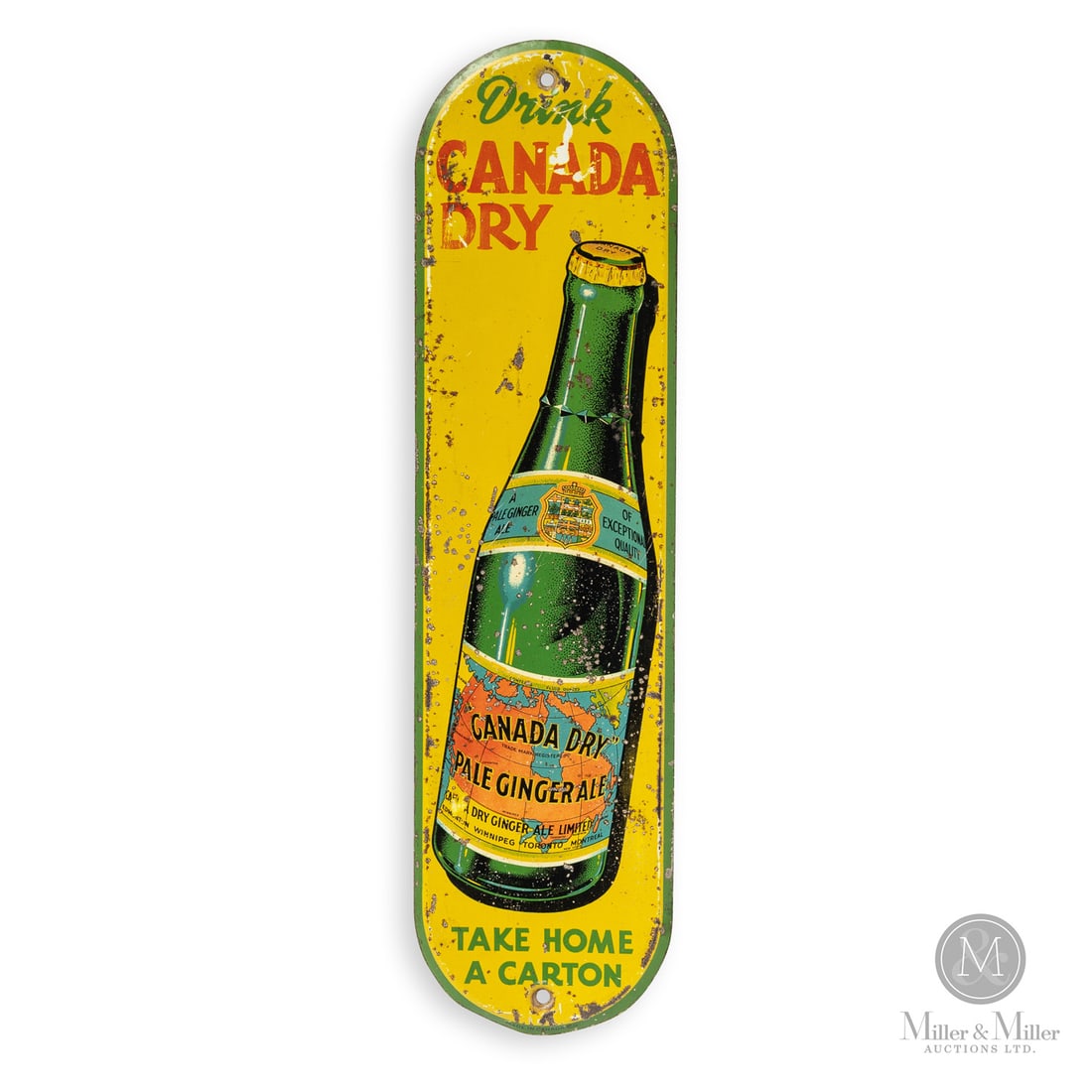 Canada Dry Ginger Ale Door Push Sign: Canadian. 1959. Single-sided tin (SST) with bevelled outer edges. Marked, "Made in Canada CCC 59", lower edge. Authenticated by The Authentication Company (TAC #501366). All items are guaranteed