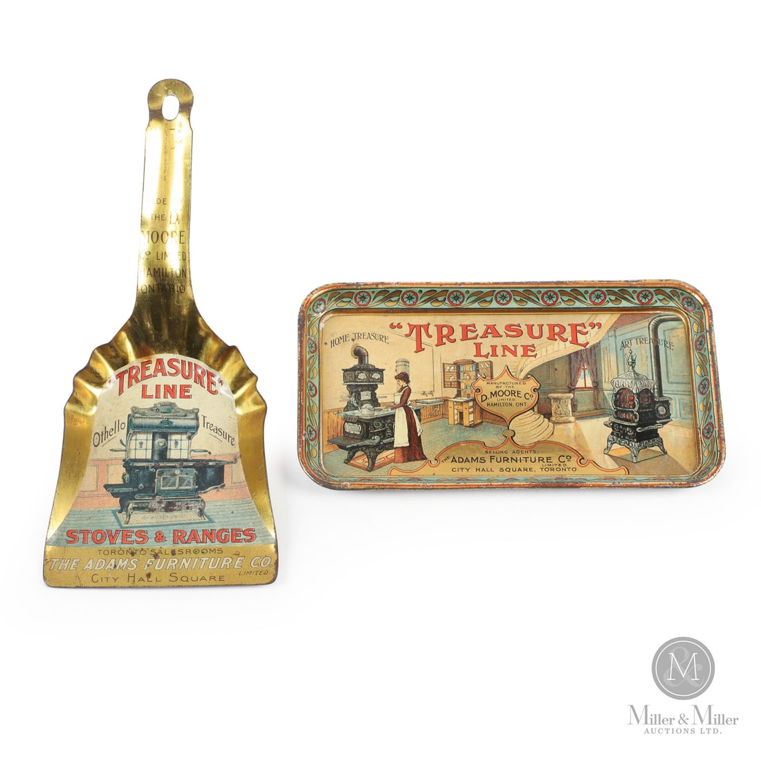 Treasure Line Stoves Ash Shovel and Change Tray: Canadian. 1900s-1910s. Lithographed tin. These novelty pieces advertised Treasure Line, a prominent brand of wood and coal-burning stoves and ranges that were manufactured by the D. Moore Company of