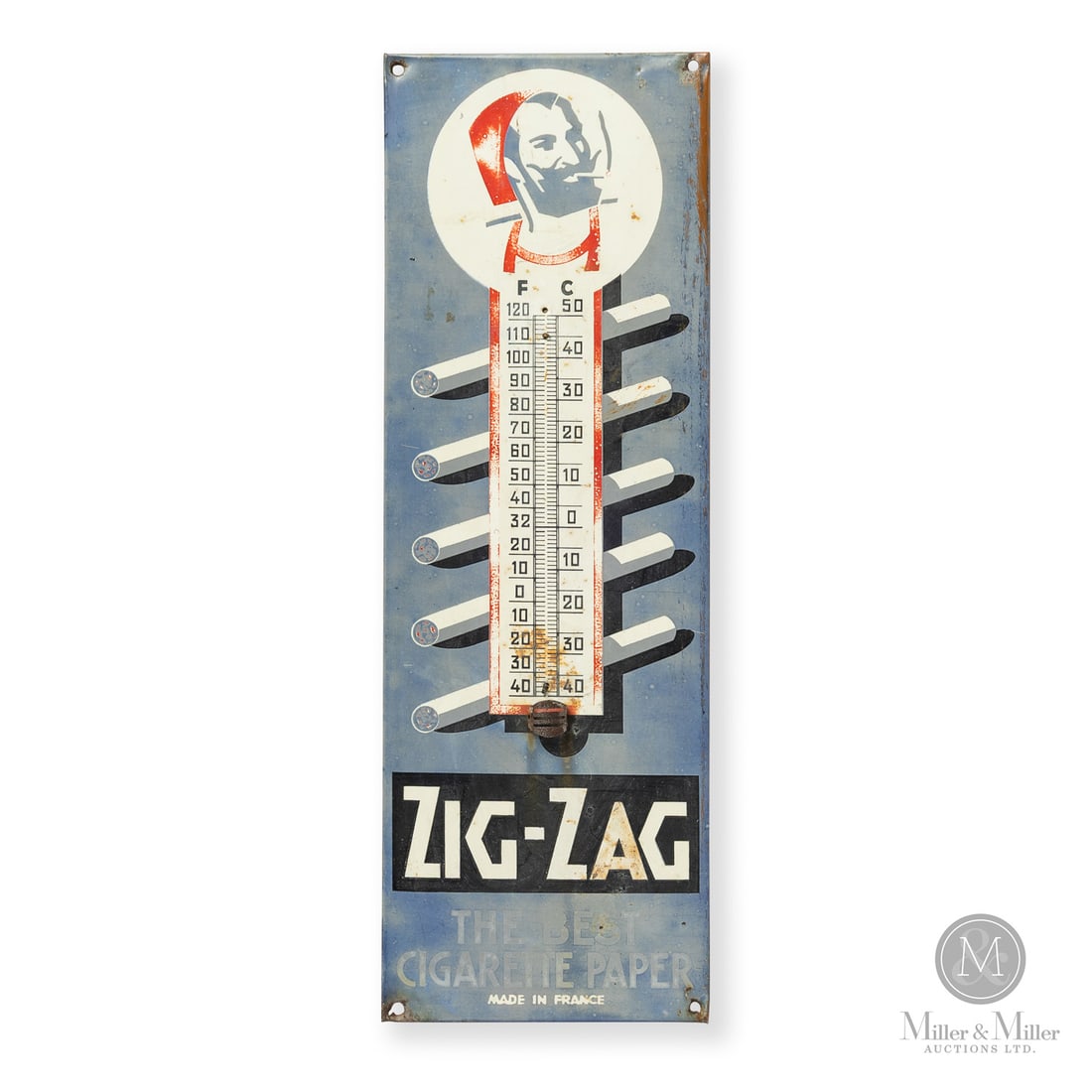 Zig-Zag Cigarette Papers Thermometer: French. 1950s. Single-sided tin (SST). Zig-Zag cigarette papers were named for the "Z" shape of the tobacco leaves, which were folded in two and interleaved (alternately placed between one another) as