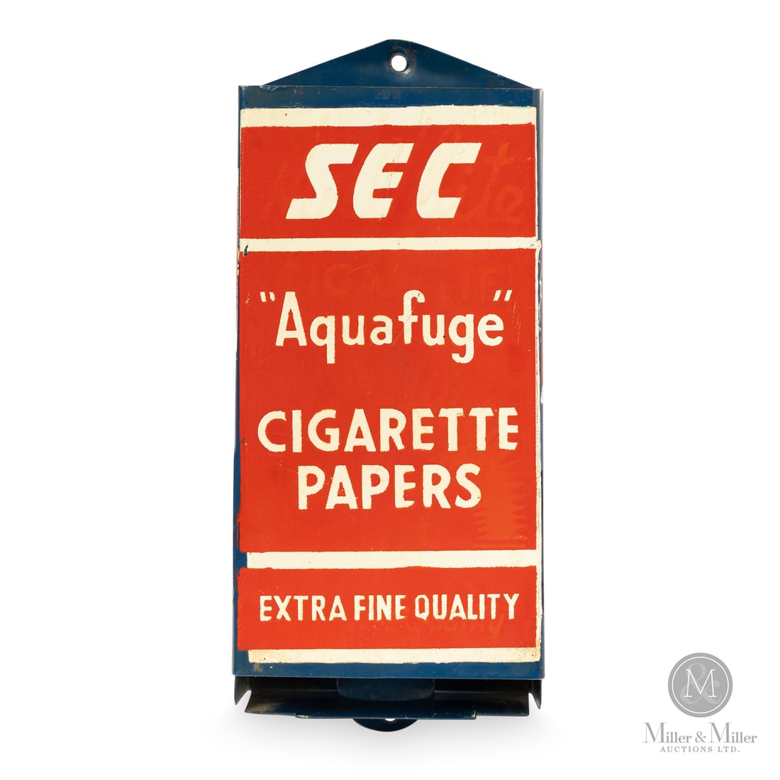 SEC Aquafuge Cigarette Papers Dispenser: Canadian. 1940s. Lithographed tin. Authenticated by The Authentication Company (TAC #501439). All items are guaranteed authentic by Miller & Miller Auctions. From the late Marcel Gallays