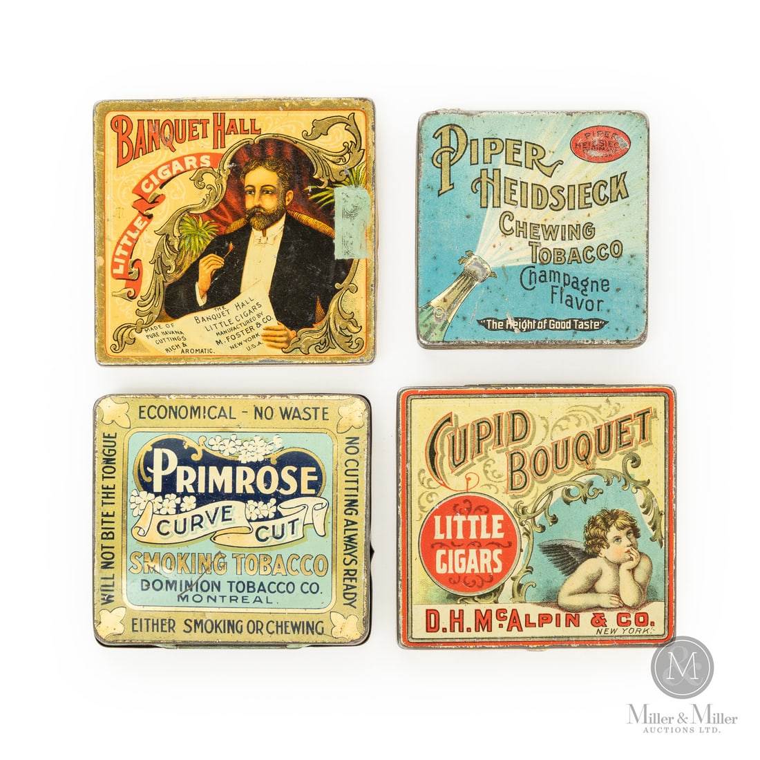 Banquet Hall, Cupid Bouquet, Primrose and Piper Heidsieck Little Cigar Tins: Canadian and American. 1930s. Lithographed tin. Banquet hall and Cupid marked, "Burger Mfg Co. Jersey City, N.J." and "American Can Co.", on return edges above hinge. All items are guaranteed
