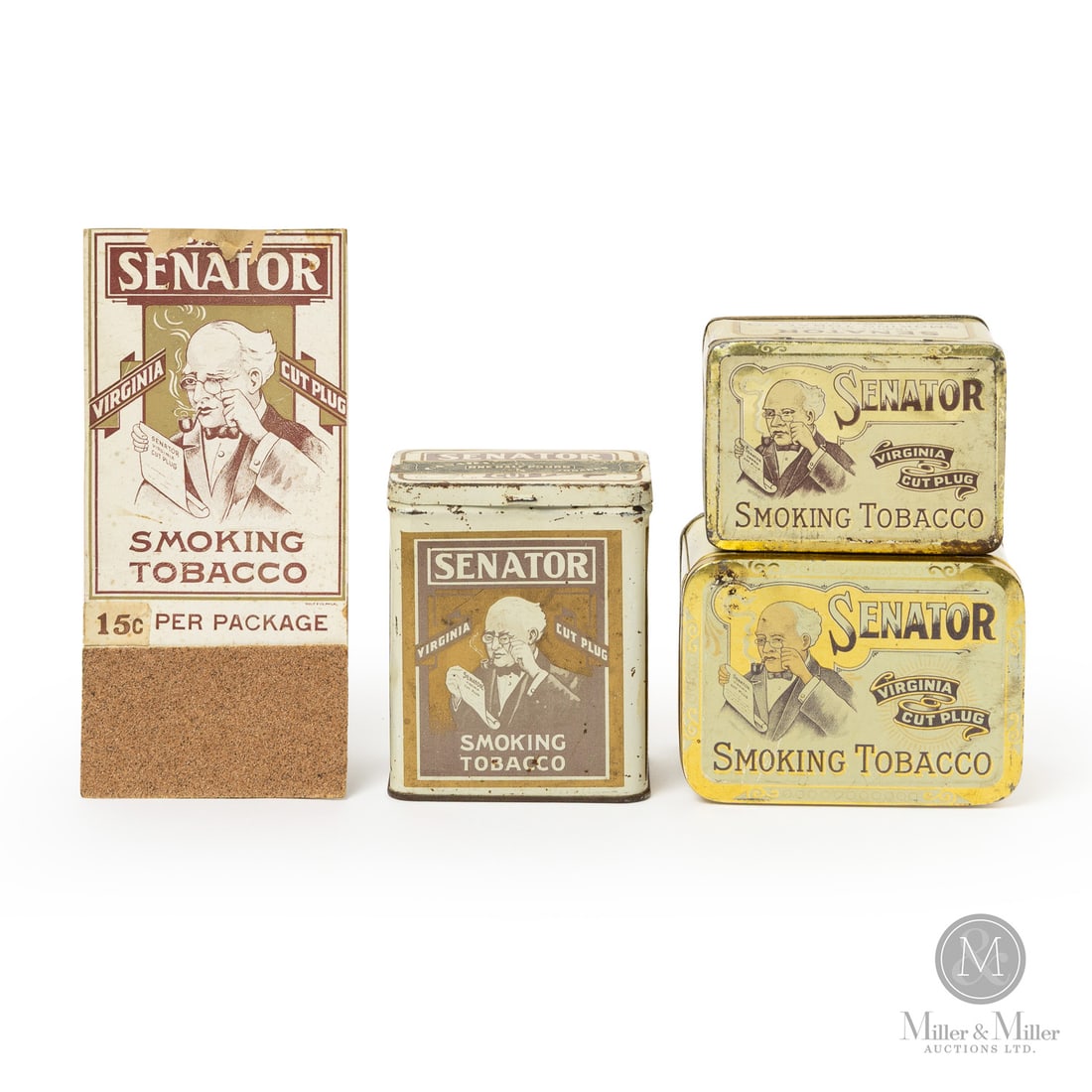 Senator Tobacco Tins and Match Strike: Canadian. 1930s. Lithographed tin. All items are guaranteed authentic by Miller & Miller Auctions. From the late Marcel Gallays Collection. Size Tallest" 4.75" x 4" x 2.5". Match strike: 8.5" x 4". Co
