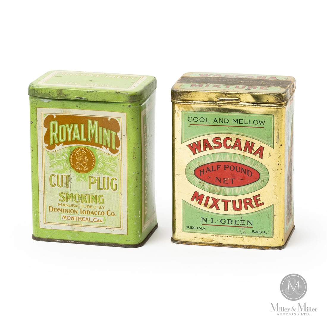 Royal Mint and Wascana 1/2 Lb Tobacco Tins: Canadian. 1920s. Lithographed tin. Each marked, "The Thos Davidson Mfg Co. Limited, Montreal", lower edge. All items are guaranteed authentic by Miller & Miller Auctions. From the late Marcel Gallays