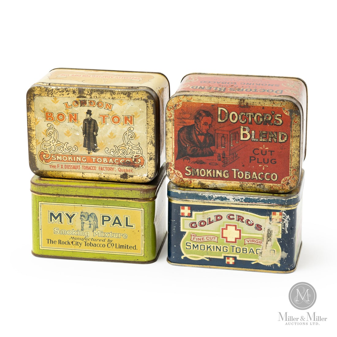 Doctor's Blend, My Pal, London Bonton and Gold Cross Tobacco Tins: Canadian. 1920s. Lithographed tin. My pal, Bonton marked, "Macdonald Mfg Co. Limited, Toronto" and "Thos Davidson Mfg Co. Limited, Montreal", lower edge of lid. All items are guaranteed authentic by M