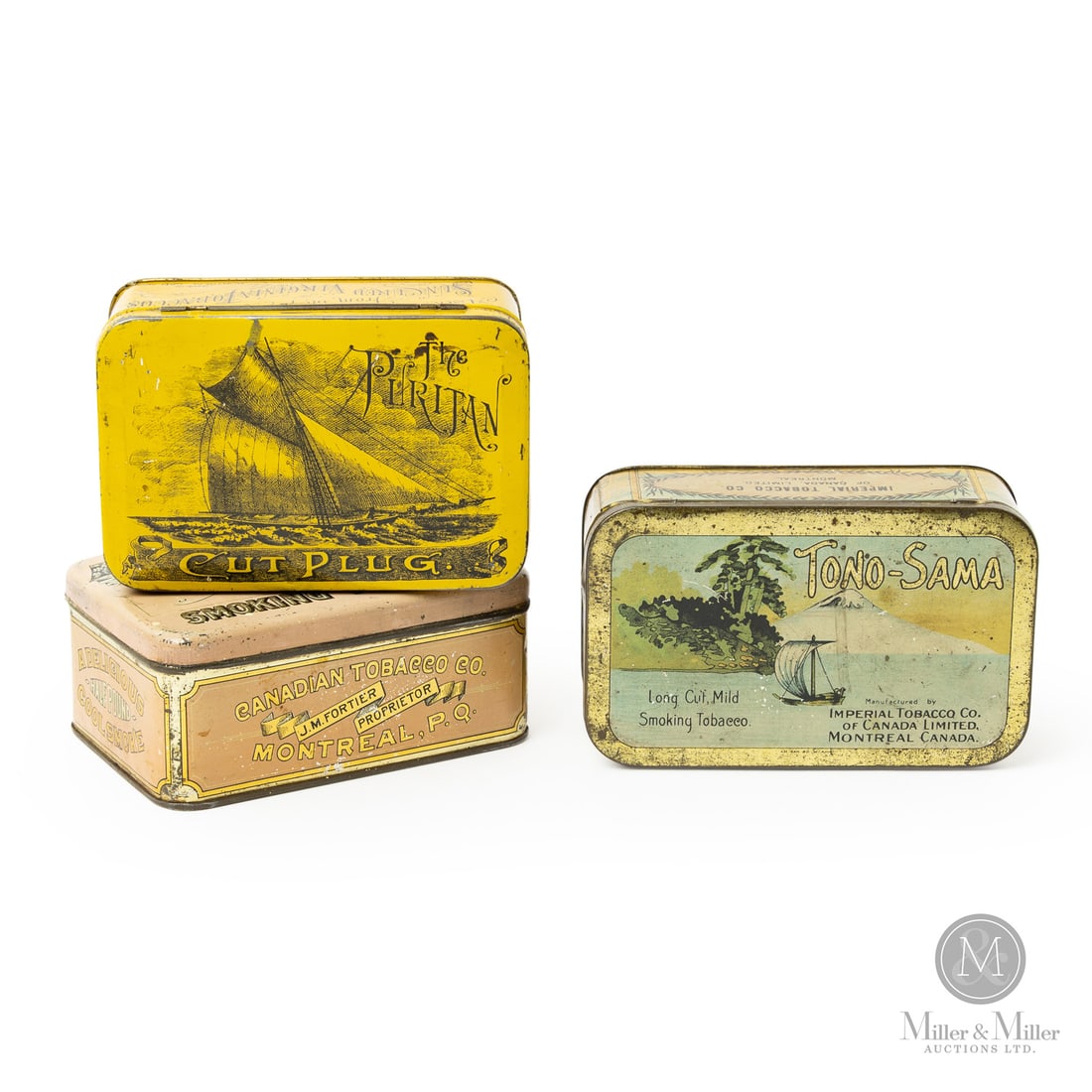 The Puritan, Tono-Sama and Crown Tobacco Tins: Canadian. 1910s. Lithographed tin. Puritan and crown marked, "The Thos Davidson Mfg Co. Limited, Montreal", lower edge. Tono-Sama marked, "Am Can Co.", lower edge of lid. All items are guaranteed auth