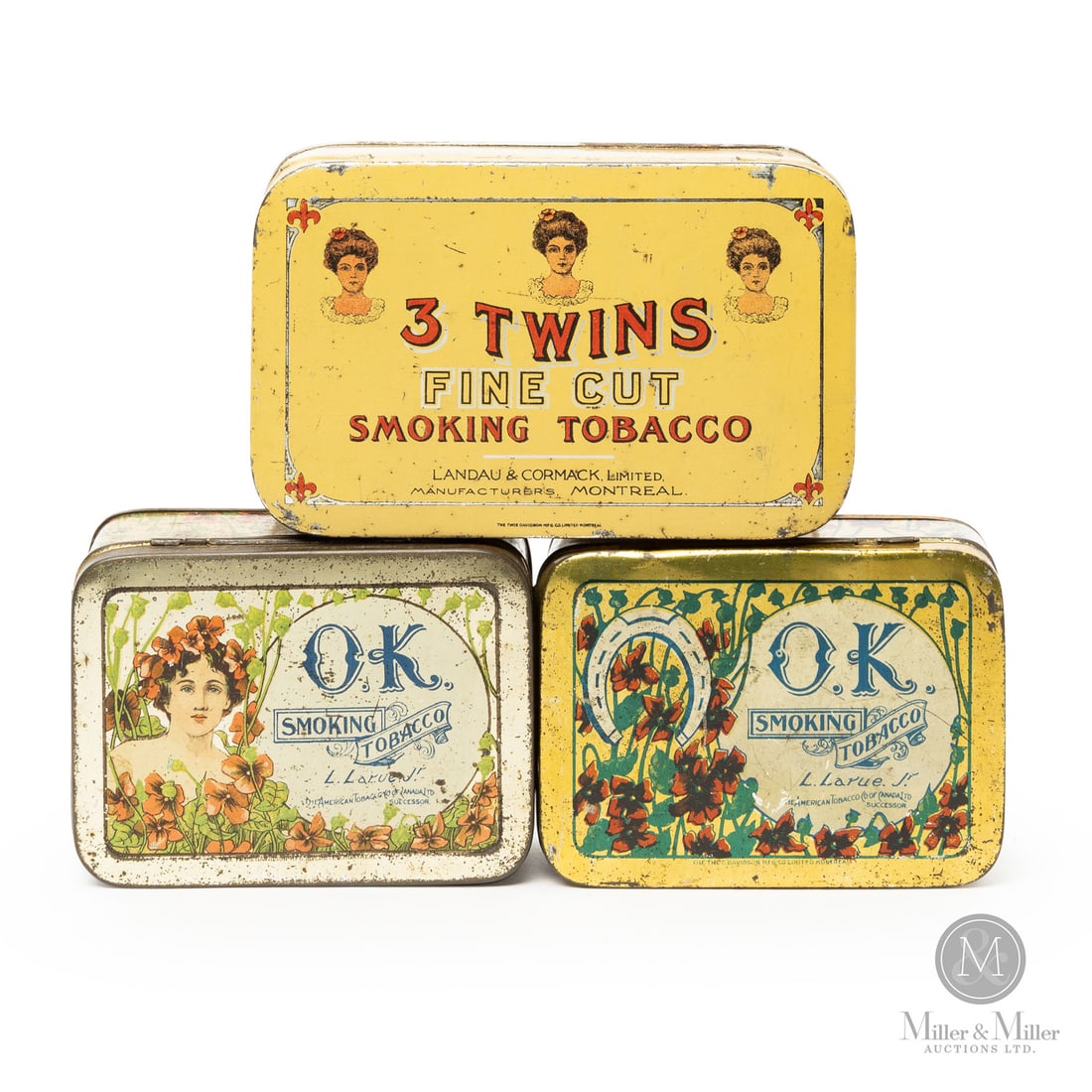O.K. and 3 Twins 1/4 & 1/2 Pound Tobacco Tins: Canadian. 1930s. Lithographed tin. Quarter pounds are #! dark and #1 light variations. All marked, "The Thos Davidson Mfg Co., Montreal", lower edge of lid. All items are guaranteed authentic by