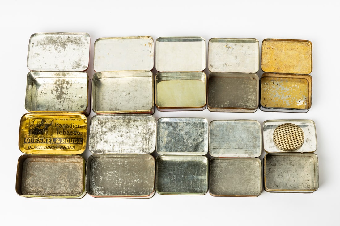 Steele's, Hickey's, Hyman's, Queen City, Gold Bell, Solace, Quesnel and Horse-Shoe Tobacco Tins - 12
