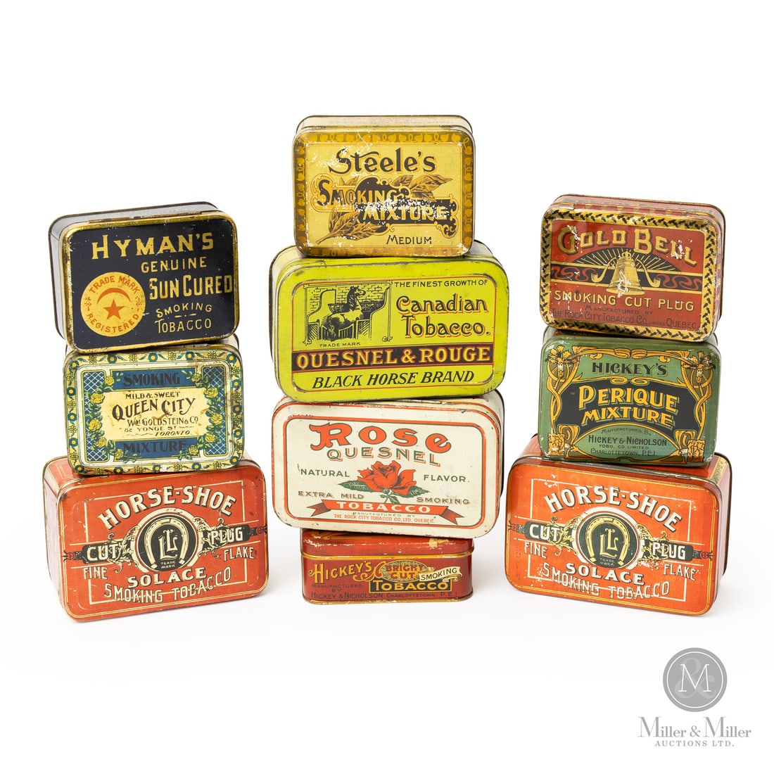 Steele's, Hickey's, Hyman's, Queen City, Gold Bell, Solace, Quesnel and Horse-Shoe Tobacco Tins: Canadian. 1920s. Lithographed tin. Quesnel, Stele's, Queen City, Hyman's, and Solace marked, by maker, on return edge of lid. Perique and Gold Bell marked, lower edge of lid. Bright cut marked, lower