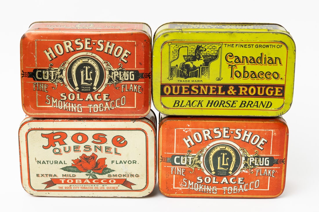 Steele's, Hickey's, Hyman's, Queen City, Gold Bell, Solace, Quesnel and Horse-Shoe Tobacco Tins - 2