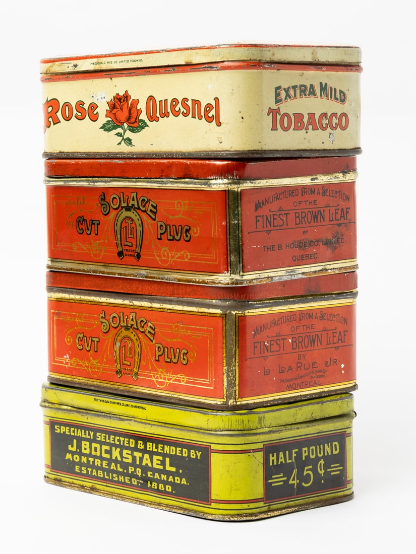 Steele's, Hickey's, Hyman's, Queen City, Gold Bell, Solace, Quesnel and Horse-Shoe Tobacco Tins - 3