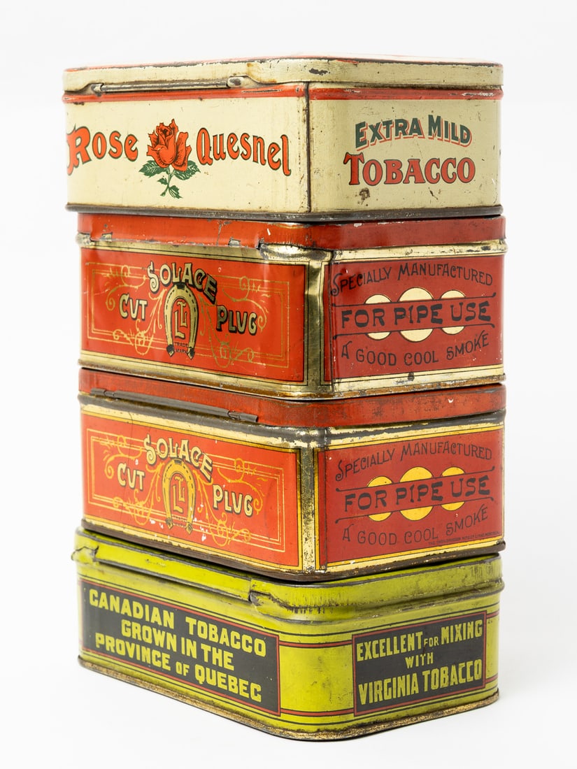 Steele's, Hickey's, Hyman's, Queen City, Gold Bell, Solace, Quesnel and Horse-Shoe Tobacco Tins - 4