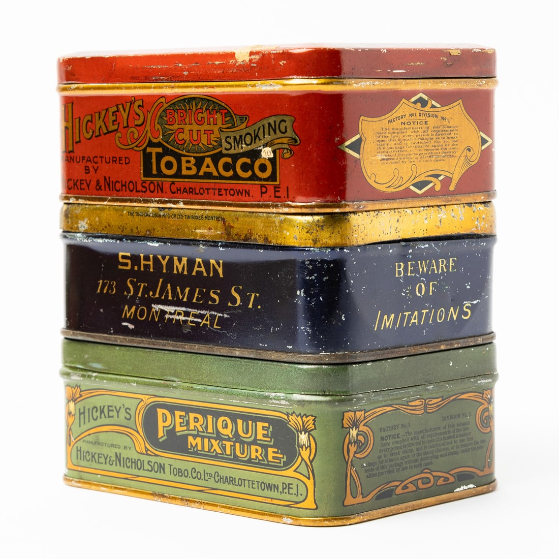 Steele's, Hickey's, Hyman's, Queen City, Gold Bell, Solace, Quesnel and Horse-Shoe Tobacco Tins - 6