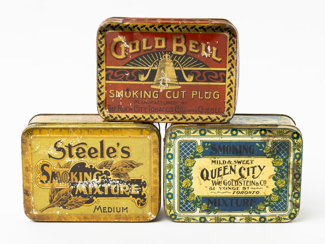 Steele's, Hickey's, Hyman's, Queen City, Gold Bell, Solace, Quesnel and Horse-Shoe Tobacco Tins - 8