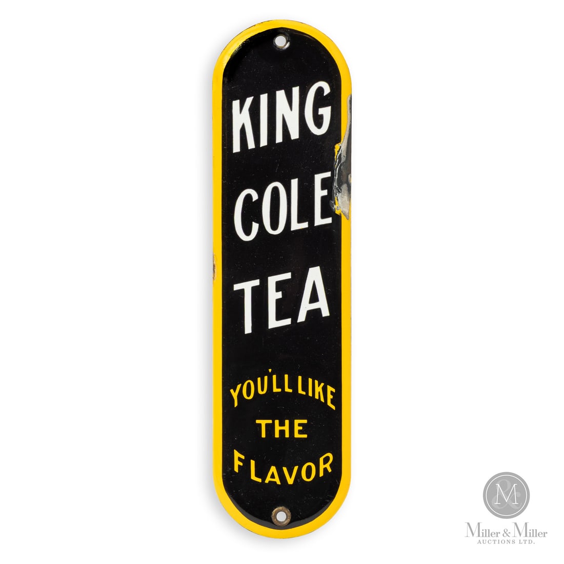 King Cole Tea "You'll Like The Flavor" Door Push Sign: Canadian. 1930s. Single-sided porcelain (SSP). You'll like the flavor. Grade: 8.5. Strong colour with light surface haze. Chips with touch-up to the upper right edge, extending inward. Retains one ori