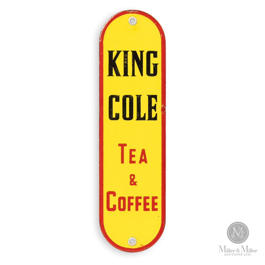 King Cole Tea and Coffee Door Push Sign: Canadian. 1940s. Single-sided porcelain (SSP). Grade: 8.75. Good colour and gloss with minor scuffs and scratches. Porcelain chips with touch-up to red border. Retains original grommets. 11" x 3". Aut