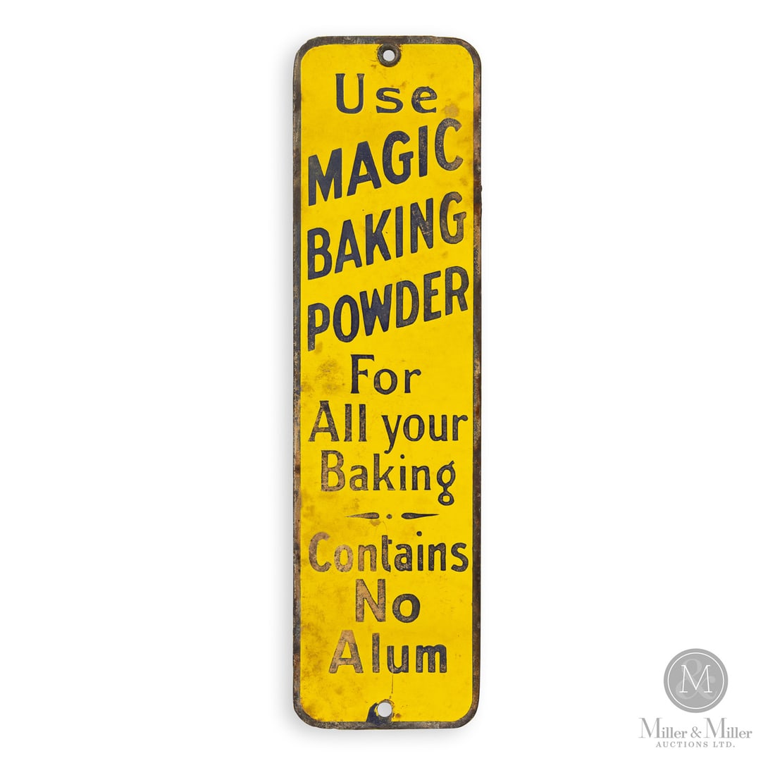 Magic Baking Powder Door Push Sign: Canadian. 1930s. Single-sided porcelain (SSP). For all your baking contains no alum. Grade: 7.75. Minor oxidation and staining. Faint horizontal scratches originate at left edge inward affecting the "