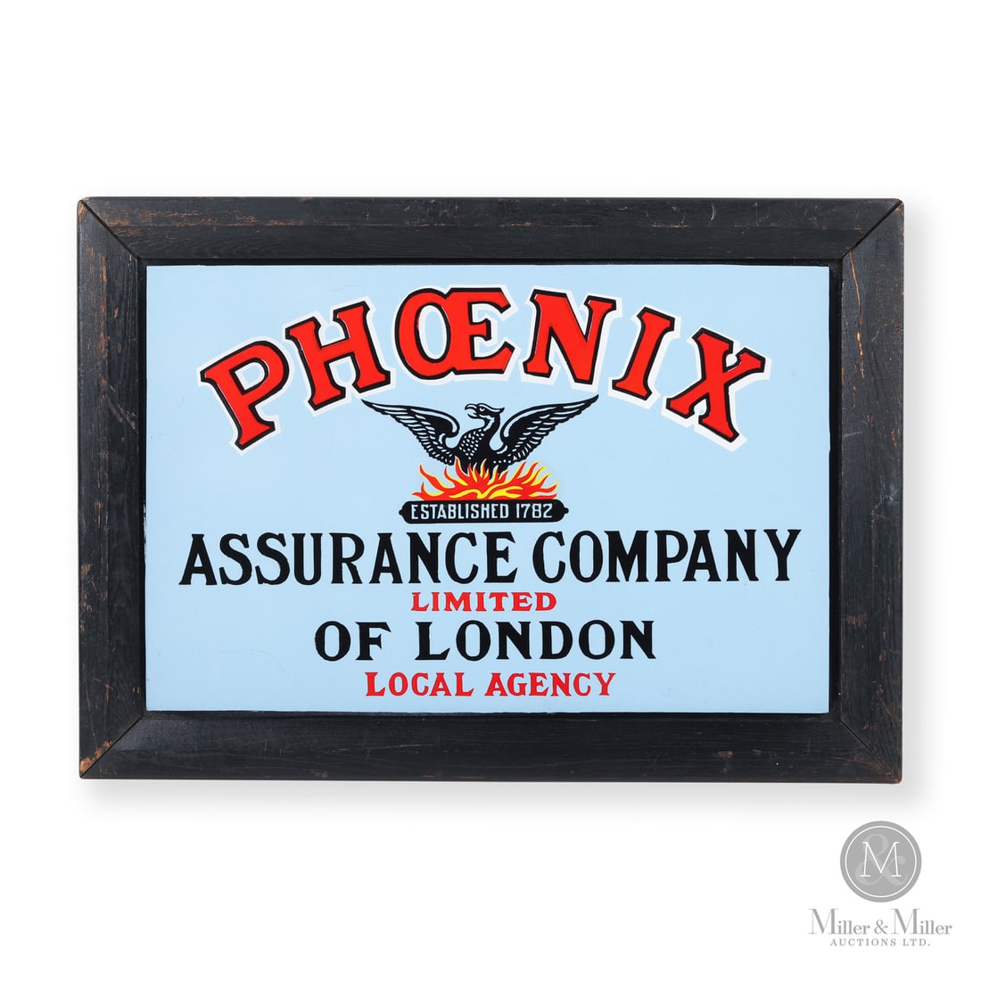 Phoenix Assurance Company of London Sign: Canada. 1930s. Single-sided porcelain (SSP). Unmarked. Grade: 9.75. Excellent colour and gloss. Retained in period appropriate frame. Frame shows minor paint wear with a wood- split at the right side.
