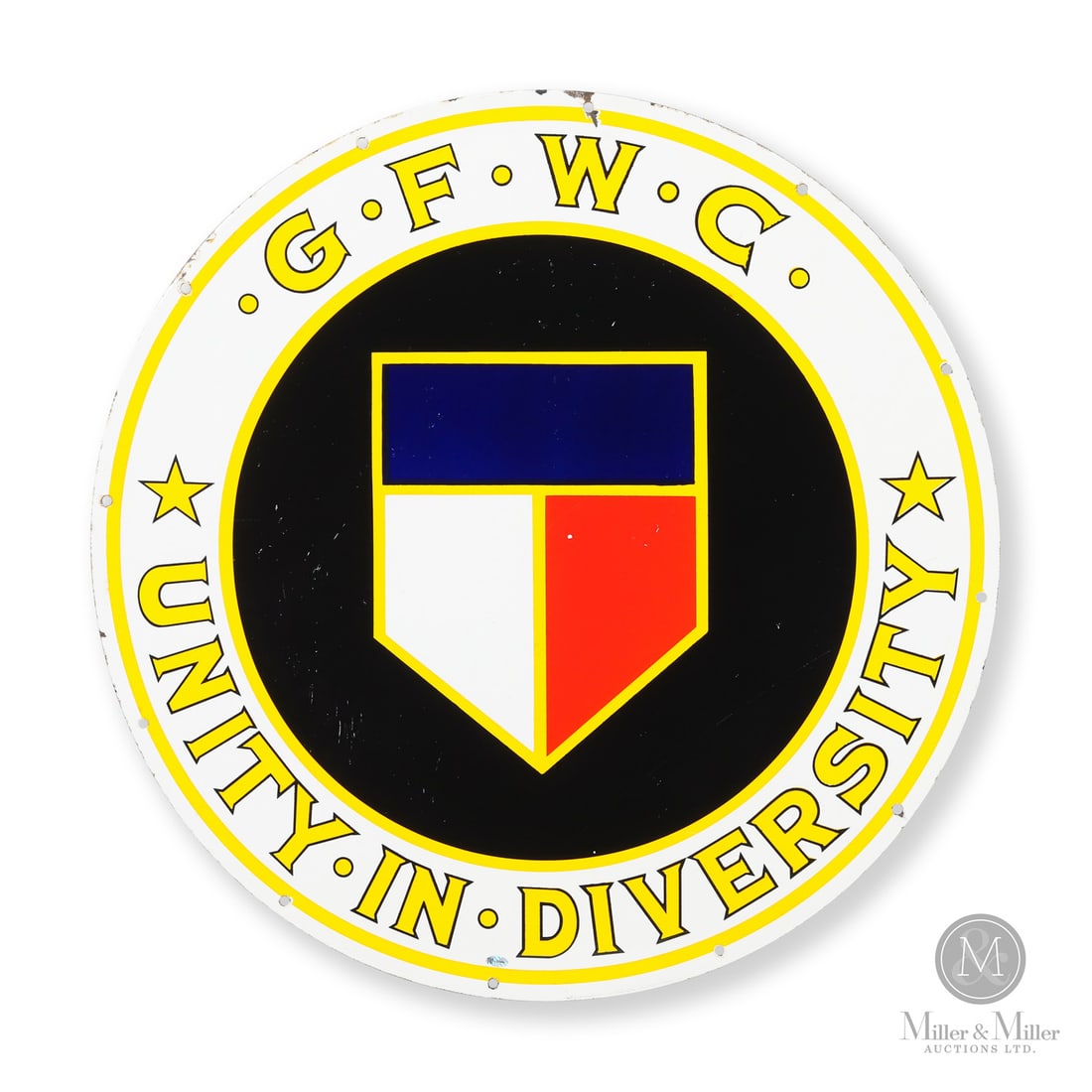 General Federation of Women's Clubs Sign: U.S.A. Late 1940s-1950s. Single sided porcelain (SSP). The GFWC is one of the world's oldest women's volunteer organizations. It was founded in 1890 to provide a unified voice for the hundreds of wome