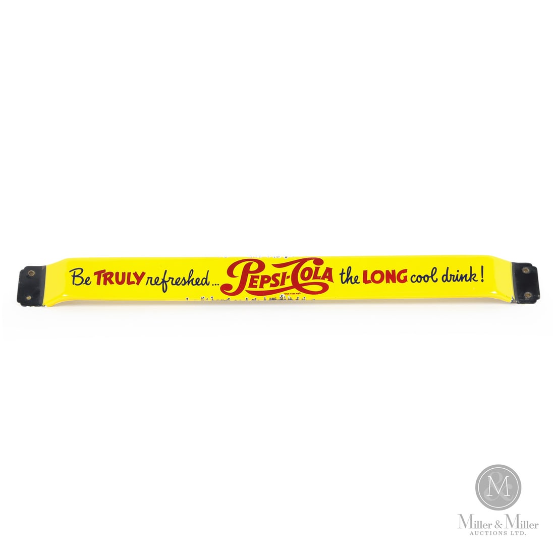 Pepsi-Cola "Be Truly Refreshed...The Long Cool Drink!" Door Push Bar: Canadian. 1950s. Single-sided porcelain (SSP). Marked, "P&M", lower right. Grade: 8.5. Excellent colour and gloss. Porcelain chips to upper and lower edge at center. Minor porcelain chips to left and