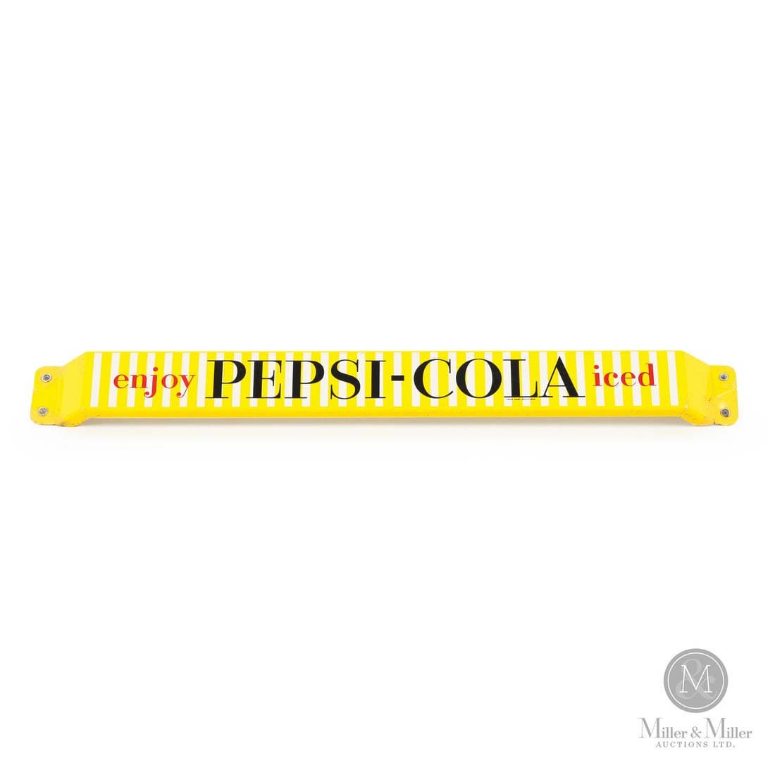 Pepsi-Cola "Enjoy Iced" Door Push Bar: Canadian. 1950s. Single-sided porcelain (SSP). Marked, "P&M 21", bottom right edge. Grade: 8.5. Excellent colour and gloss. Porcelain chips surrounding mounting holes with touch-up. Porcelain chip to