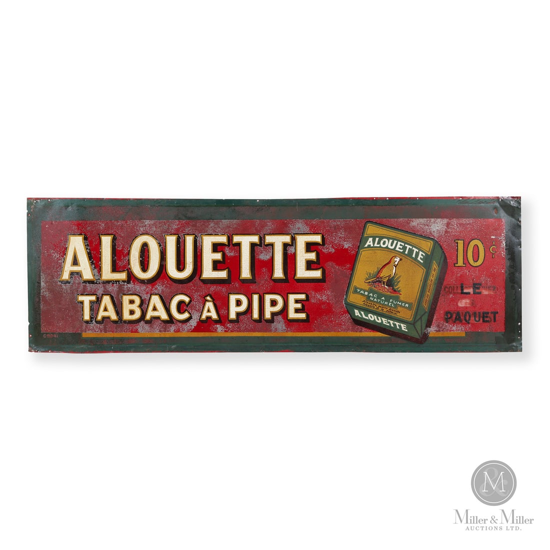 Alouette Tabac a Pipe Cigarettes Sign: Canadian. 1930s. Single-sided tin (SST). Marked, "G9941", lower left. Grade: 8. Retains good colour and gloss. Stable pitting and craquelure to surface. Some areas of pitting with discolouration. Orig