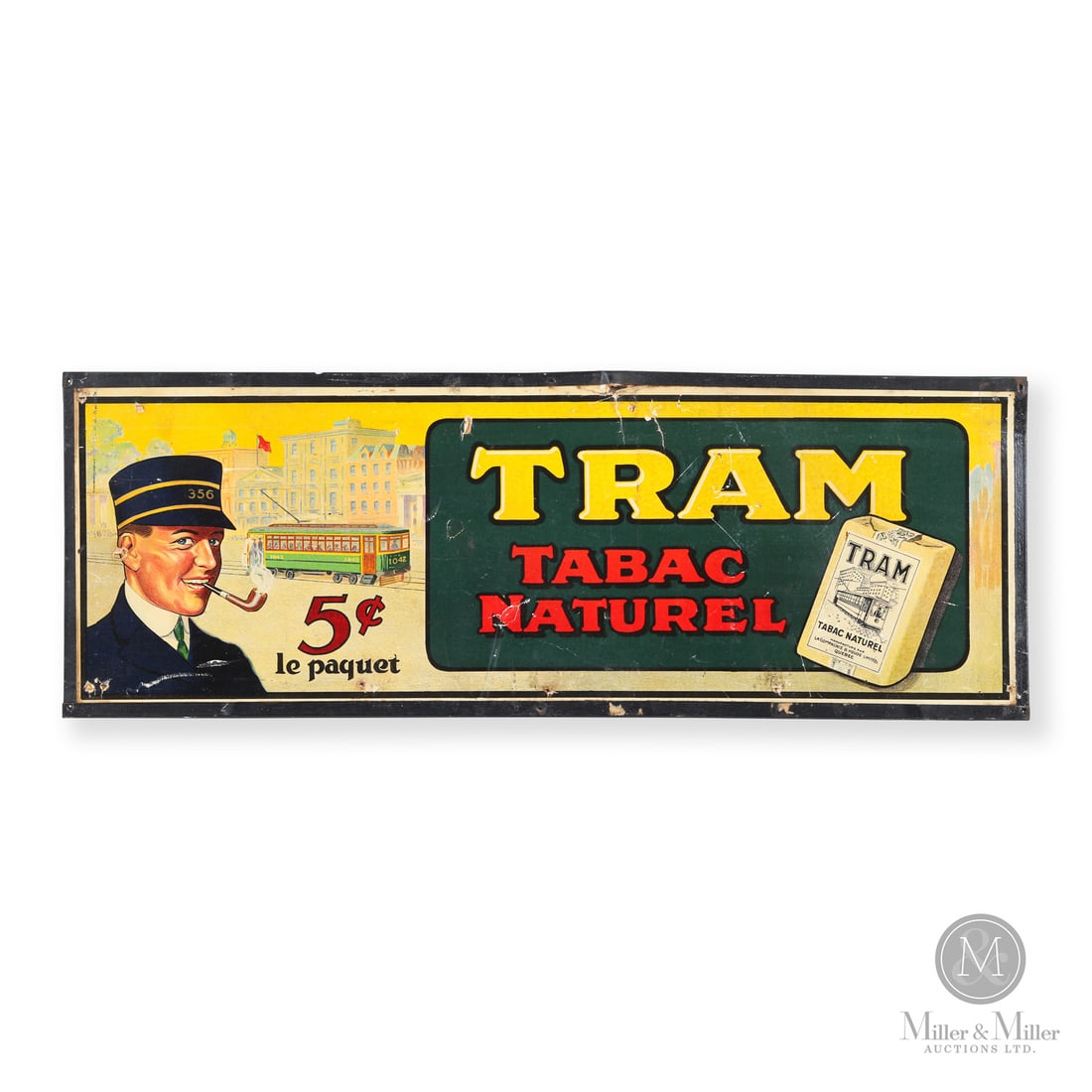 Tram Tobacco Sign: Canadian. 1920s. Single-sided lithographed cardboard (SSCB). Marked, "La Compagnie B. Houde limitee, Quebec (City)", on the pack in the image. Very good colour and gloss. Multiple reverse punctures wi
