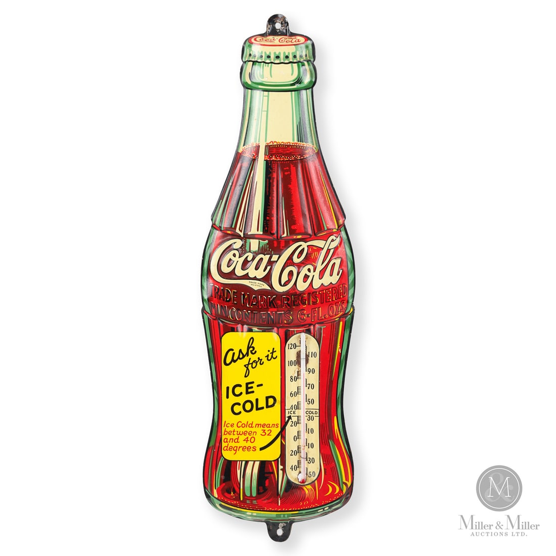 Coca-Cola "Ask For It Ice-Cold" Bottle Thermometer: Canada. 1930s. Embossed single-sided tin (ESST). The "Ask For It Ice-Cold" slogan was not a primary national campaign, but rather, it was a secondary, point-of-sale slogan used mainly on in-store disp