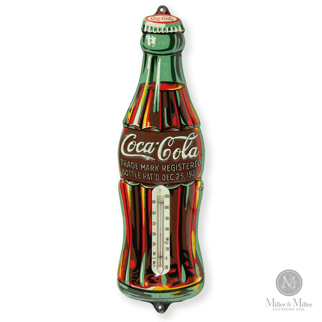 Coca-Cola "Christmas Bottle" Thermometer: U.S.A. Mid to Late 1930s. Die-cut embossed single-sided tin (SST). This version of the Coca-Cola bottle is sometimes referred to as the "hobbleskirt" or "Mae West". "Hobbleskirt" was a long skirt with
