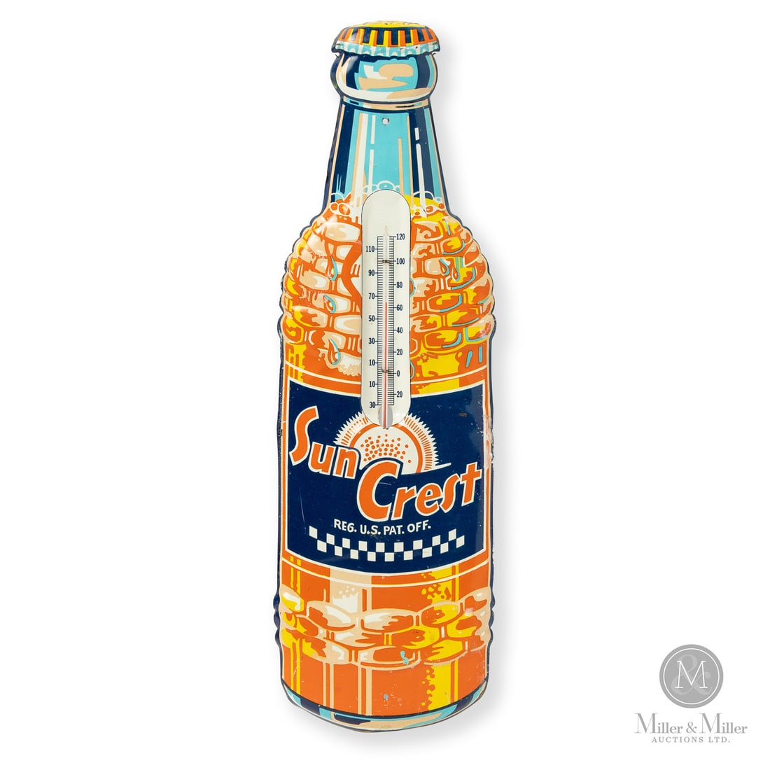 Sun Crest Thermometer: U.S.A. 1950s. Die-cut embossed single-sided tin (SST). Sun Crest soda was created in 1938 by the National NuGrape Company of Atlanta, Georgia. Like many soda products of the era, Sun Crest was known f