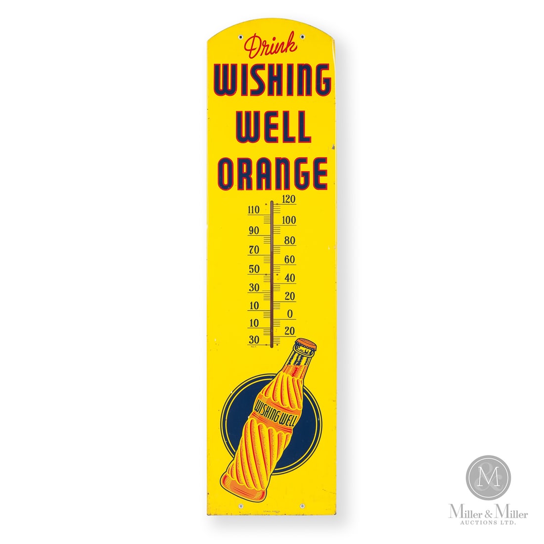 Wishing Well Orange Thermometer: Canada. 1960s. Single-sided painted metal (SSPM). Wishing Well soda was produced by National Dry Limited, a company based in London, Ontario that was formed around 1932. National Dry was a pioneer in