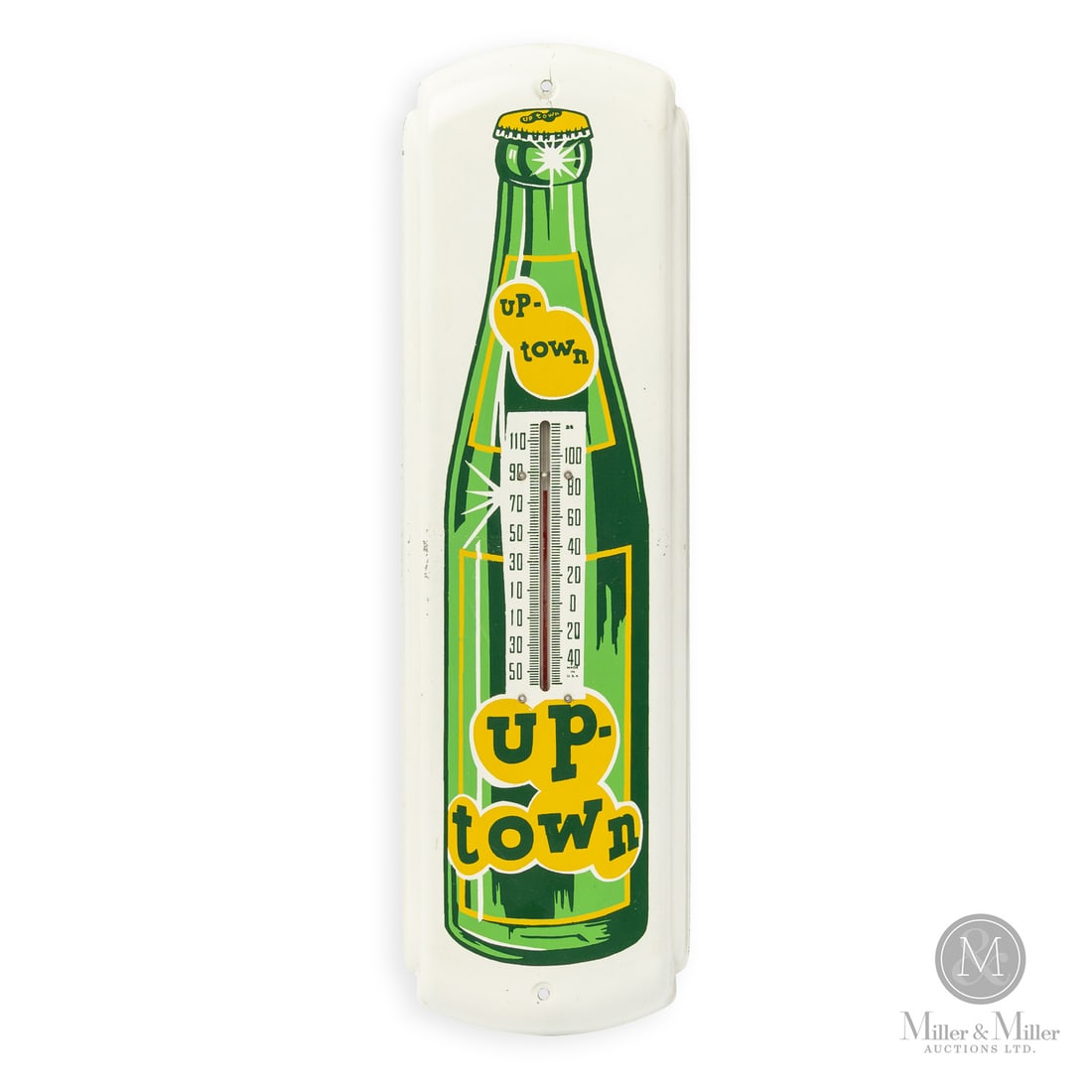 Up-Town Soda Thermometer: American. 1950s. Single-sided tin (SST). Marked, "Made in USA", lower right of thermometer gauge. Grade: 9. Excellent colour and gloss. Stable pinpoint flecks to left and right edges and beside thermo