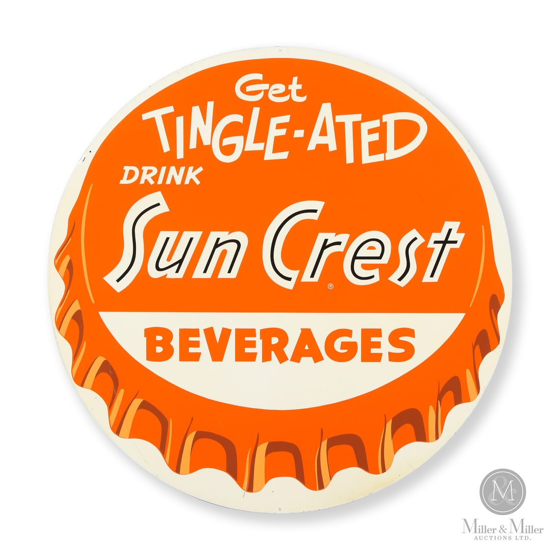 Sun Crest Orange Bottle Cap Sign: American. 1940s. Die-cut single-sided tin (SST). Sun Crest is a historic fruit-flavoured soda brand introduced in 1938 by the National NuGrape Company of Atlanta, Georgia. Grade: 9.5. Excellent