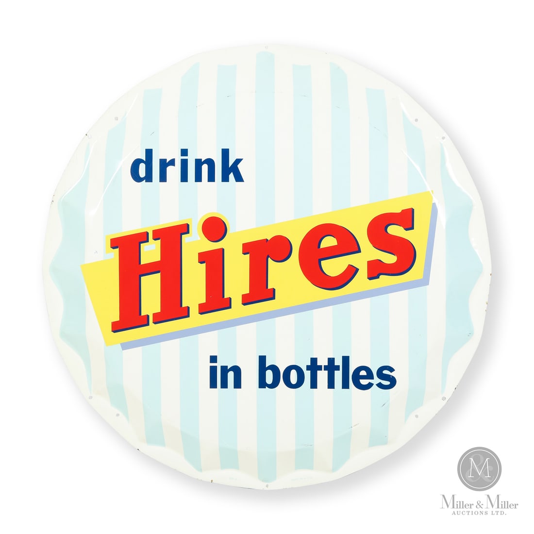 Hires Root Beer Bottle Cap Sign: American. 1950s. Die-cut embossed single-sided tin (SST). Marked, "BN-8 Made in USA", lower centre edge. Grade: 9.25. Excellent colour and gloss. Minor paint wear to corners and edges. 35" Dia. x 2".