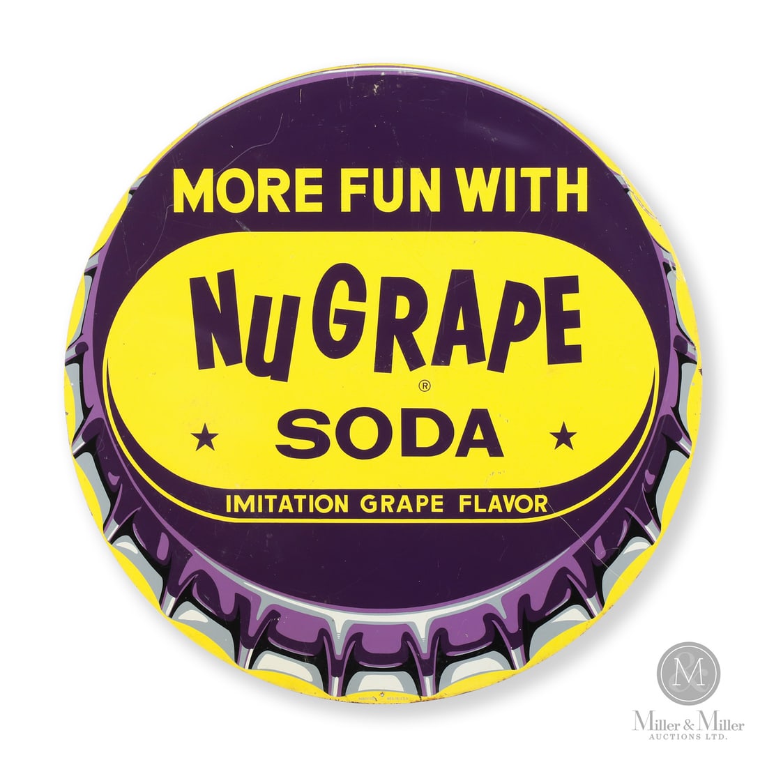 Nugrape Soda Bottle Cap Sign: American. 1940s. Die-cut single-sided tin (SST). The formula was created in 1906 by pharmacist John James Mangham in Bremen, Georgia. Marked, "Robertson Mfg in USA", lower edge. Grade: 8.75.