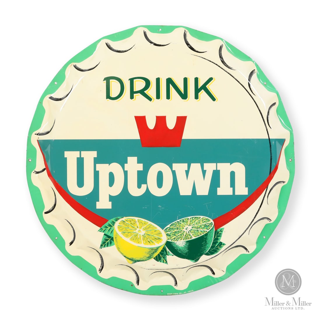 Uptown Soda Bottle Cap Sign: American. 1960s. Die-cut embossed single-sided tin (SST). Marked, "Press Sign co. - St. Louis", lower centre edge Grade: 8.75. Excellent colour and gloss. Edge wear with paint nicks. An additional