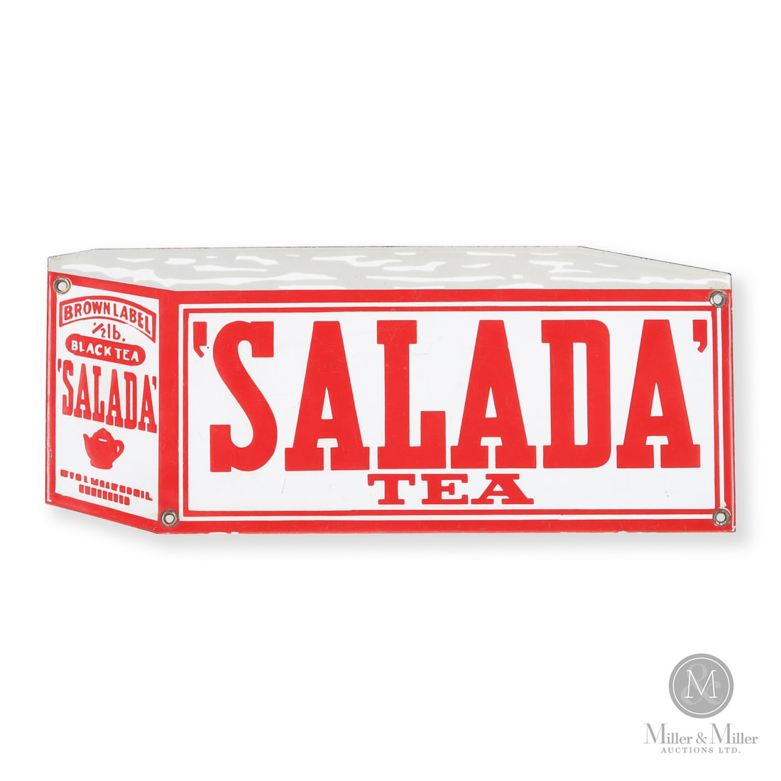 Salada "Tea Box" Sign: Canadian. 1930s. Die-cut single-sided porcelain (SSP). Grade: 9. Excellent colour and gloss. Surface abrasion, particularly in the upper margin. Retains original grommets. 7" x 15". Authenticated by
