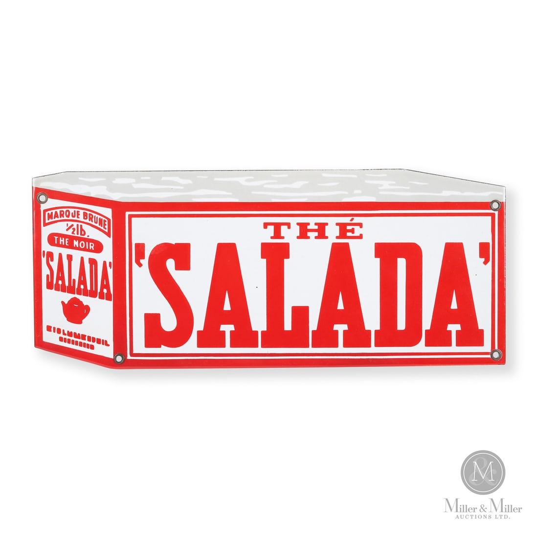 Salada Tea Red and White "Box" Sign: Canadian. 1930s. Single-sided porcelain (SSP). French Canadian version. Grade: 9.75. Excellent colour and gloss. There is a faint stain to the upper portion of the "s" on the long side of the