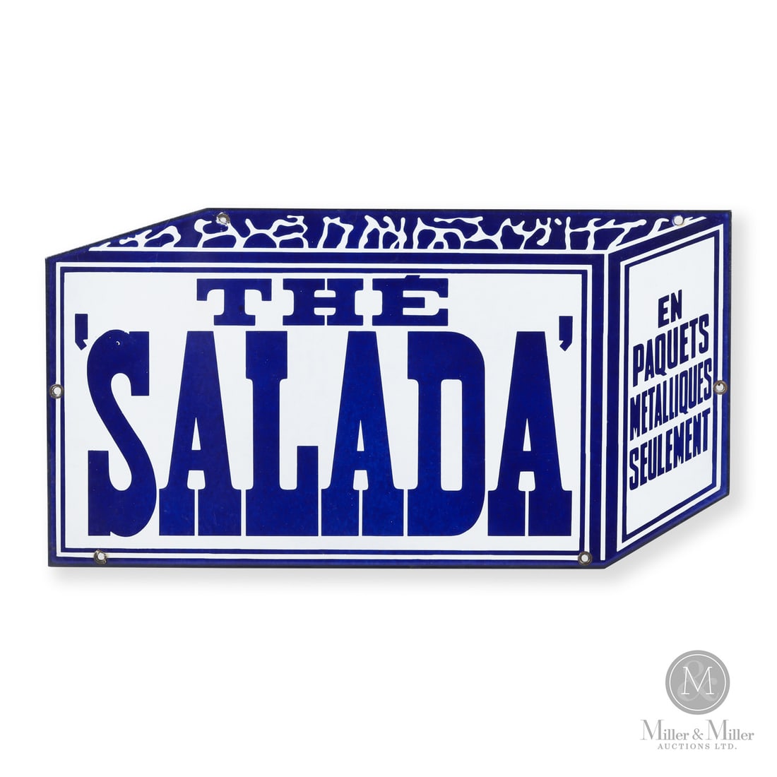 Salada Tea Blue and White "Box" Sign: Canadian. 1930s. Single-sided porcelain (SSP). Grade: 9.25. Excellent colour and gloss. Minor scuffs. Retains all except one grommet (some partial). 10" x 19". Authenticated by The Authentication