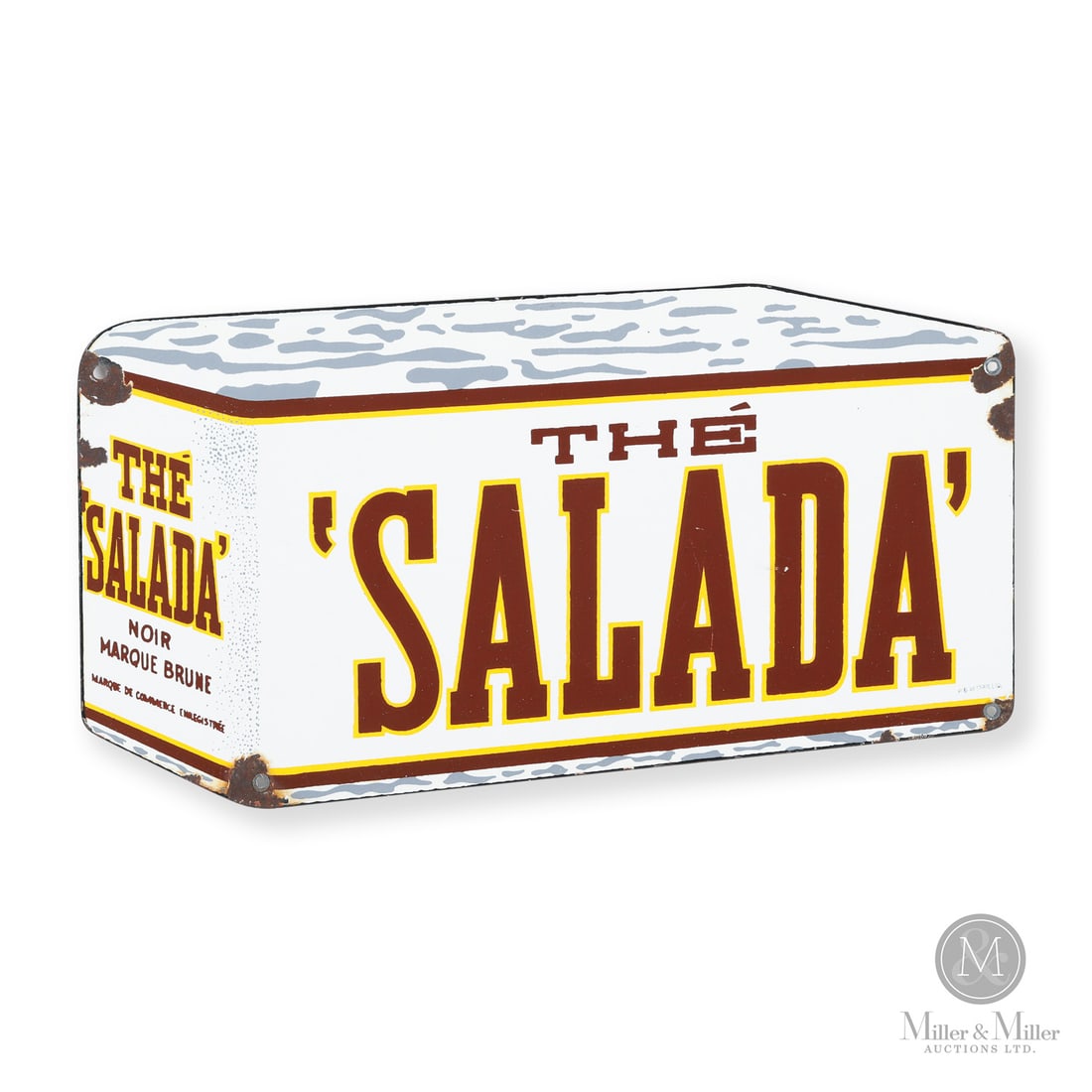 Salada "Tea Box" Sign: Canada. 1930s. Die-cut single-sided porcelain (SSP). This sign, featuring French script, was specifically produced for the French-Canadian market for use in local grocery and general stores. Marked,