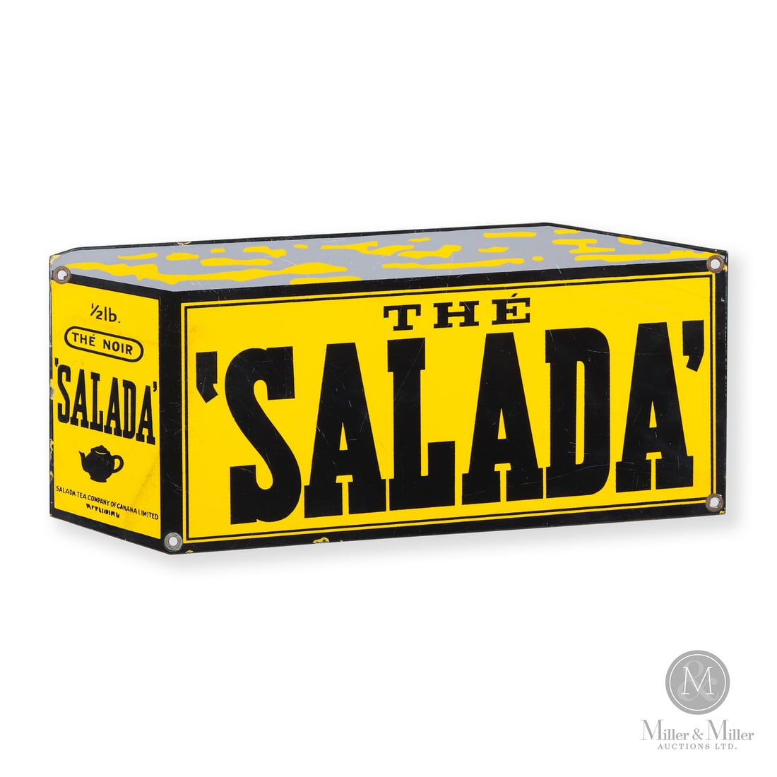 Salada Tea Black and Yellow "Box" Sign: Canadian. 1940s. Single-sided porcelain (SSP). French Canadian version. Grade: 8.75. Excellent colour and gloss. Minor scuffs, scratches, and some areas of stable crazing. Edge chips. Retains all