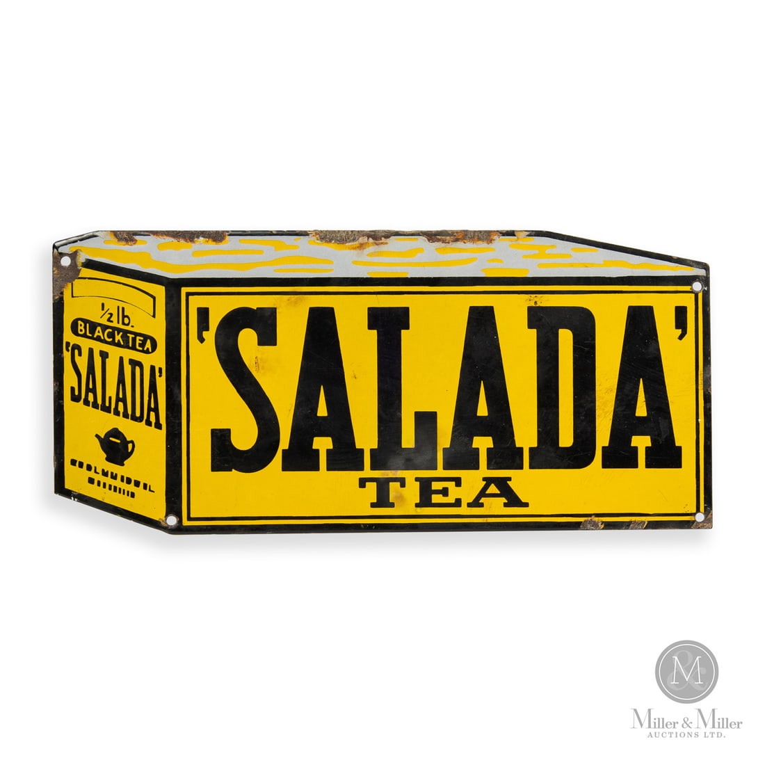 Salada Tea Box Sign: Canada. 1930s. Die-cut single-sided porcelain (SSP). The name Salada was coined by founder Peter C. Larkin in 1882, named after a Ceylon tea garden. Unmarked. Grade: 8. Strong colour and gloss with so