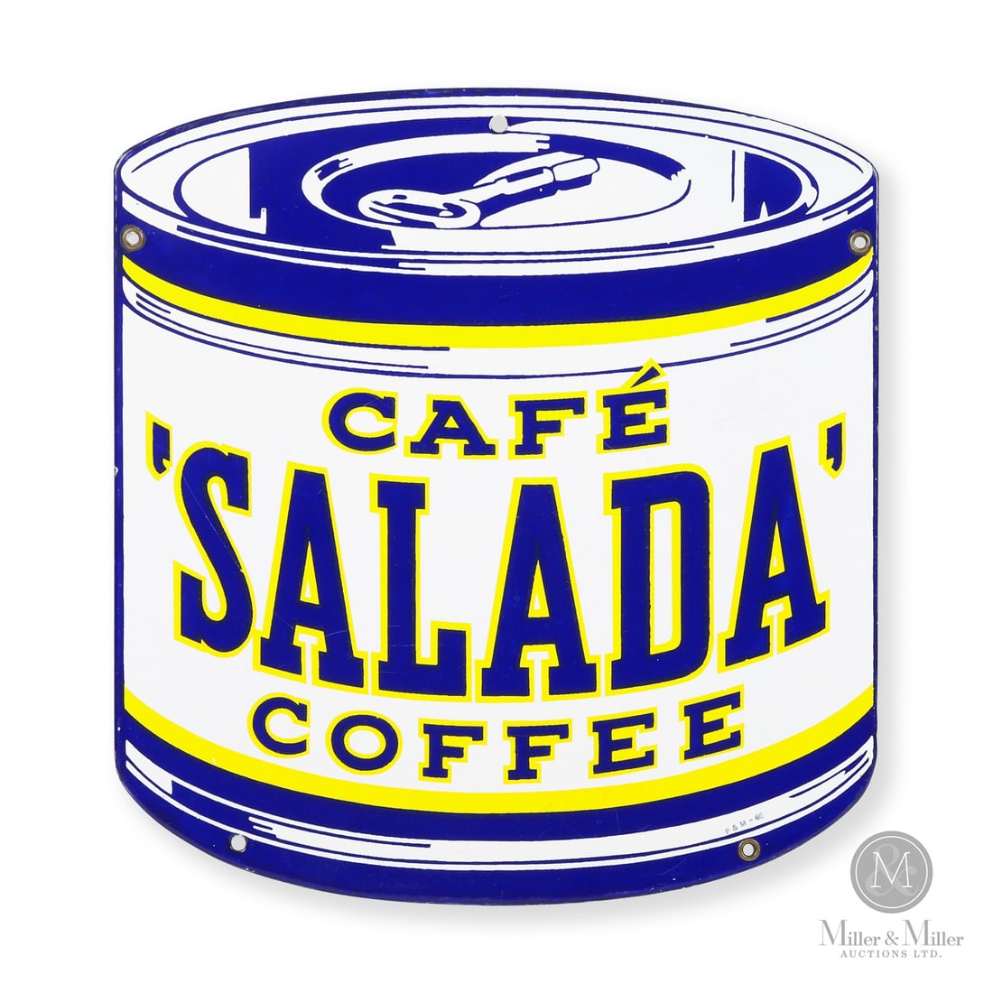 Salada Coffee "Canister" Sign: Canadian. 1946. Single-sided porcelain (SSP). French Canadian version. Marked, "P&M - 46", lower right. Grade: 9.5. Excellent colour and gloss. Minor scuffs and scratches. Minor edge chips. Retains