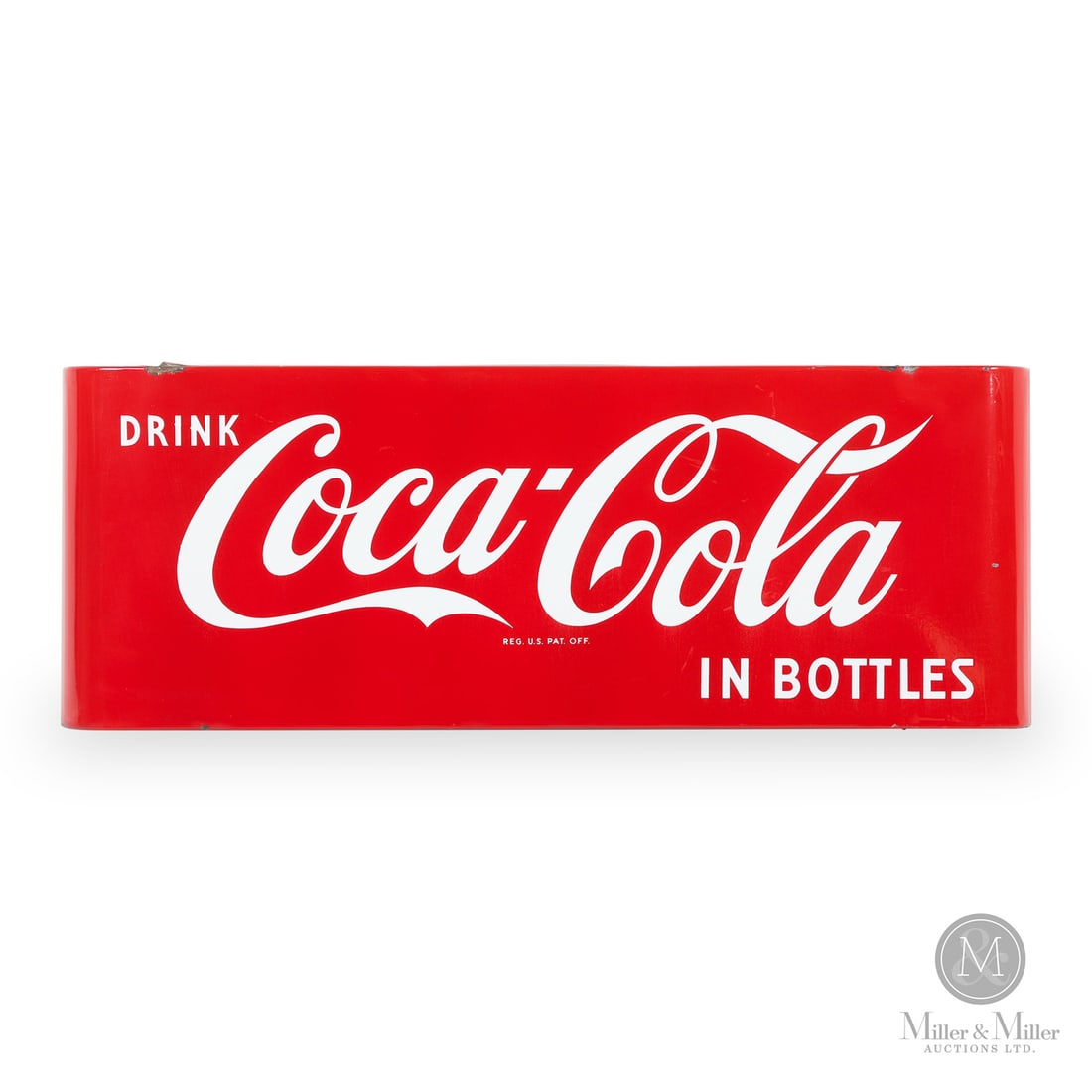 Coca-Cola In Bottles "Sled" Sign: American. 1950s. Curved single-sided porcelain (SSP). Grade: 8.75. Excellent colour and gloss. Chips in margins extending up to 3" in length. 16" x 43" x 2.75". Authenticated by The Authentication