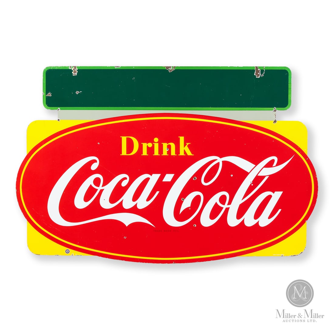 DSP Drink Coca-Cola Die-Cut Sign: Canadian. 1950s. Die-cut double-sided porcelain (DSP). The green space, known as a "privilege panel," was blank before it was sent out to dealers who would then arrange to have their name and