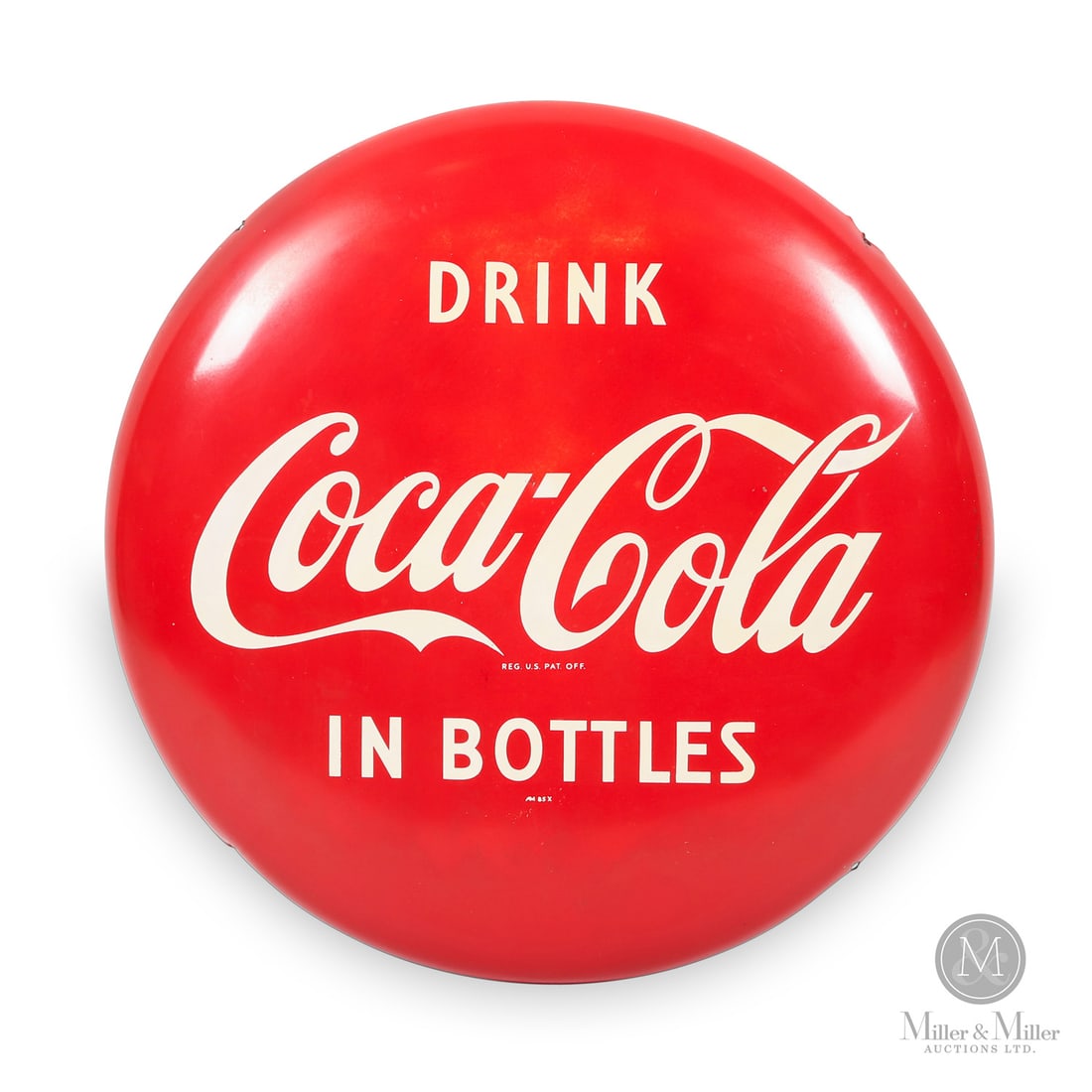 Coca-Cola 2-Foot Button Sign: American. 1950s. Single-sided painted metal (SSPM). Marked, "AM 85 X", under bottle script. Grade: 8.75. Very good colour and gloss with minor fade, particularly at "drink" script. Paint nicks