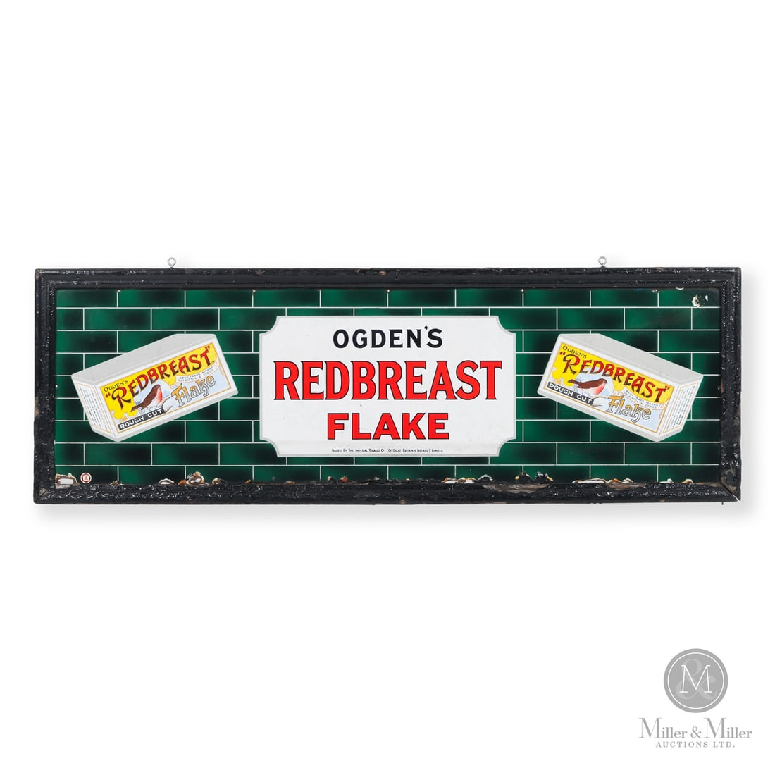 Ogden's Redbreast Flake Tobacco Sign: United Kingdom. 1910s-1920s. Single-sided porcelain (SSP). The marking on this sign shows that it was manufactured between 1902 and the 1920s, with Imperial Tobacco corporate records showing