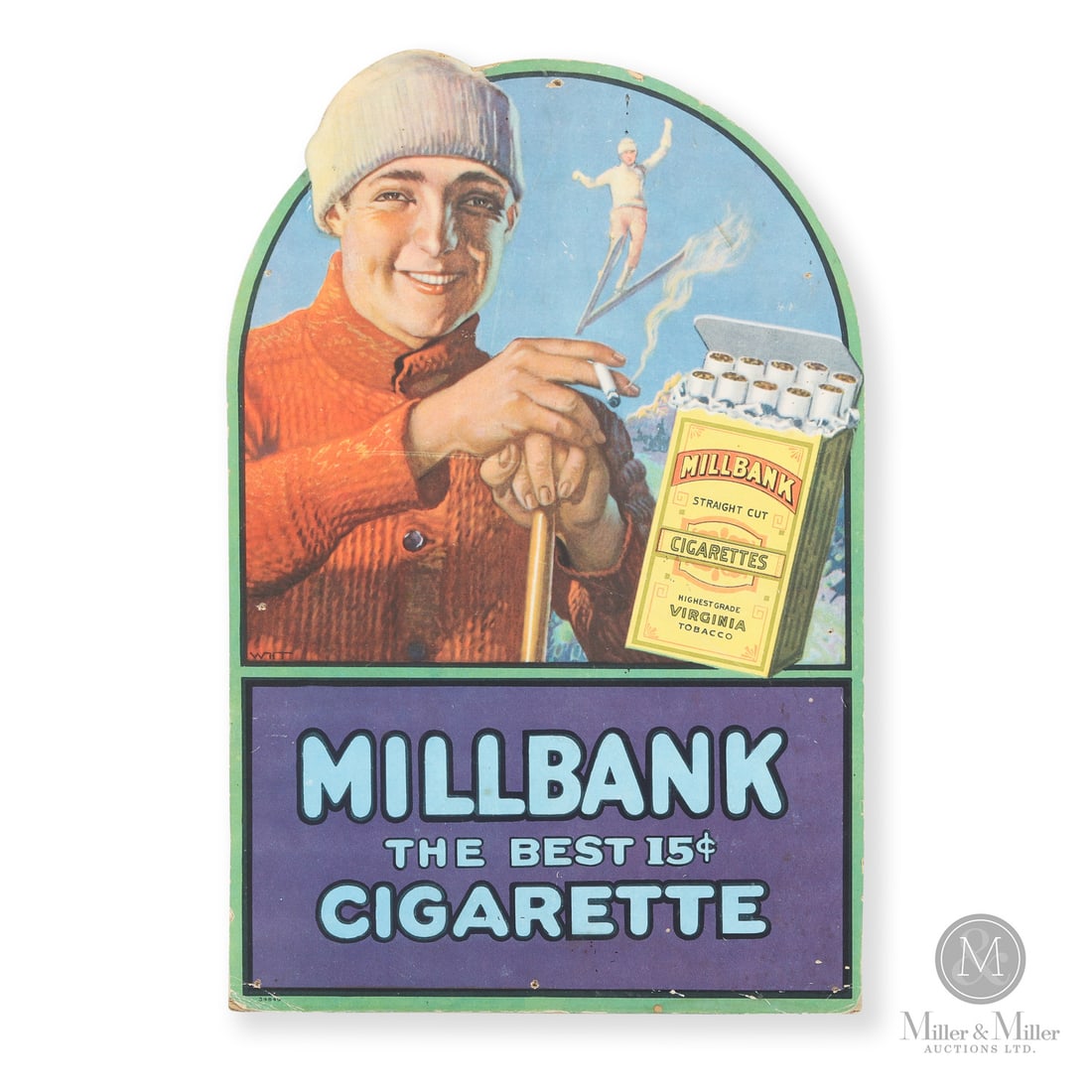 Millbank Cigarettes Sign: Canadian. 1930s. Single-sided lithographed cardboard (SSCB). Marked, "34849", lower left. Very good colour. Three upper and three lower mounting holes have been added. There is a dab of black