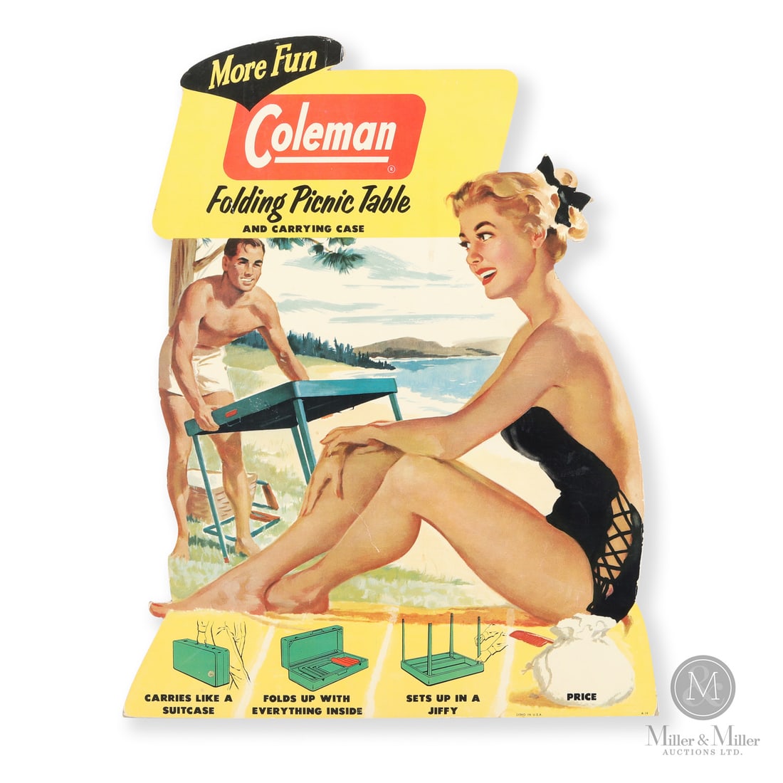 Coleman Folding Picnic Tables Store Display: U.S.A. 1950s. Lithographed cardboard. Marked "Litho in U.S.A. A-19"at lower right. Excellent colour. Minor edge and corner tears and losses. One vertical crease to "More Fun" logo (upper left). One,